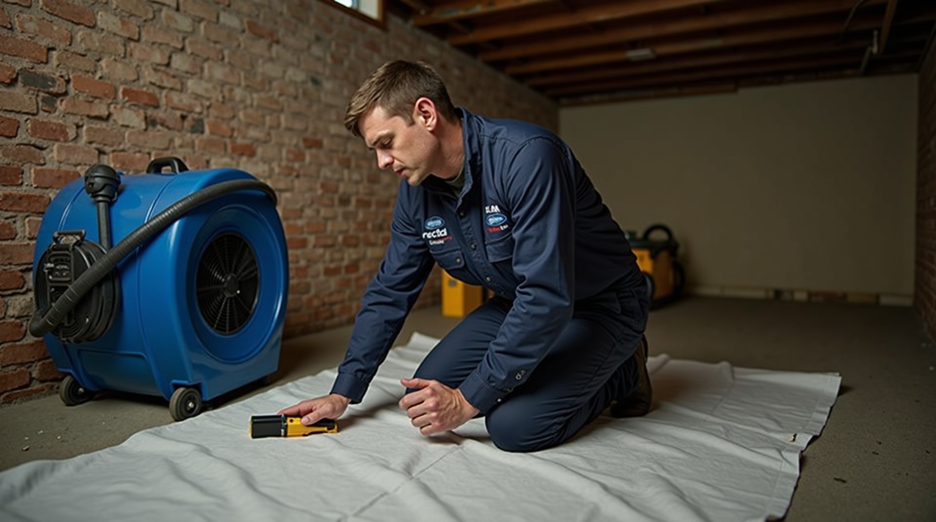 Gateway technician at work in a residential basement, equipment running.