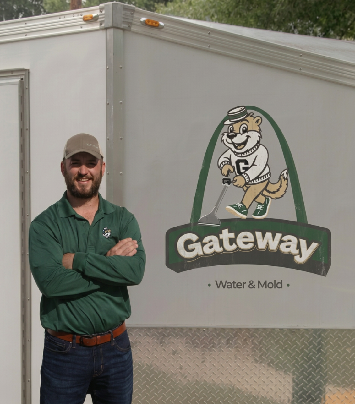 Owner of Gateway Water and Mold standing in front of the company branded equipment trailer