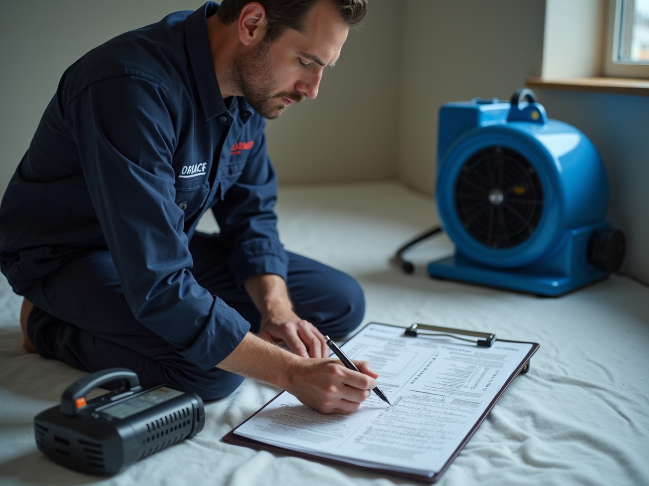 Gateway technician documenting a job on a clipboard.