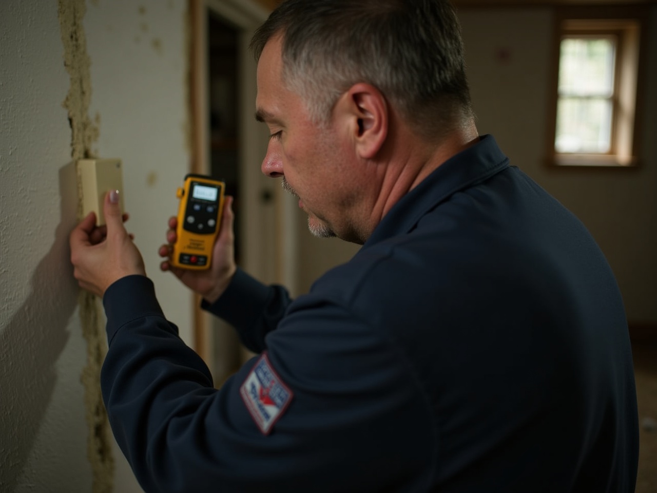 Gateway technician taking an air-quality sample on a damp basement wall with visible mold staining.