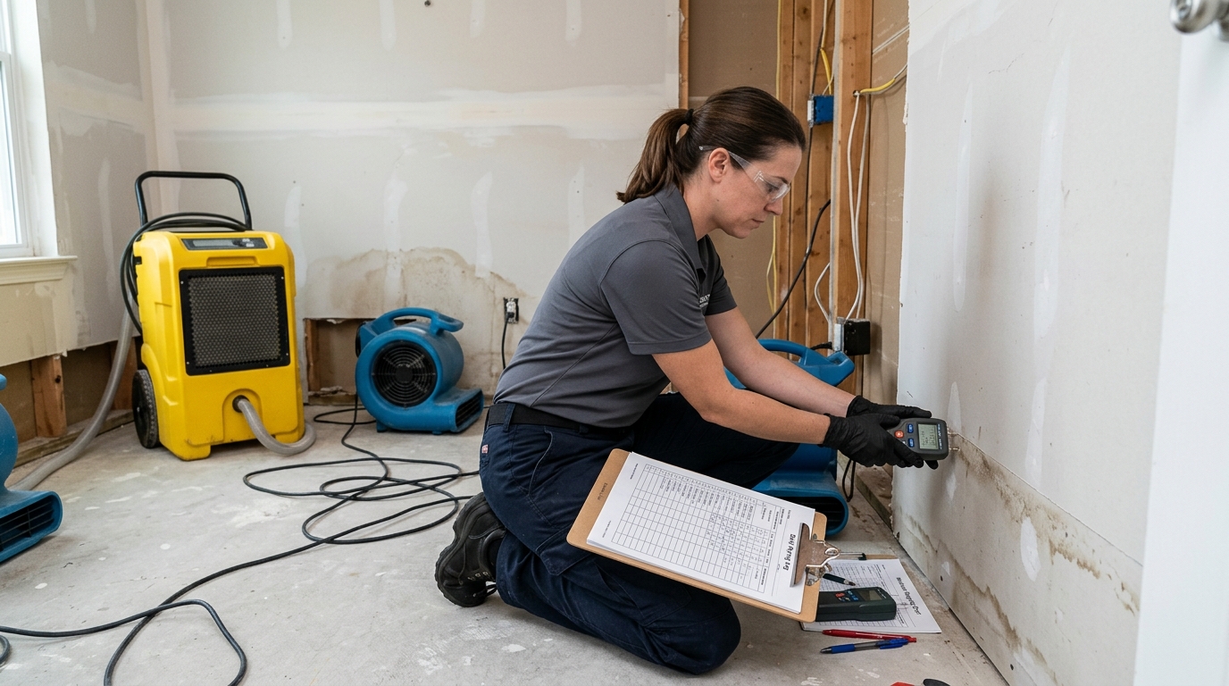 Drying equipment and moisture readings documented during water damage mitigation