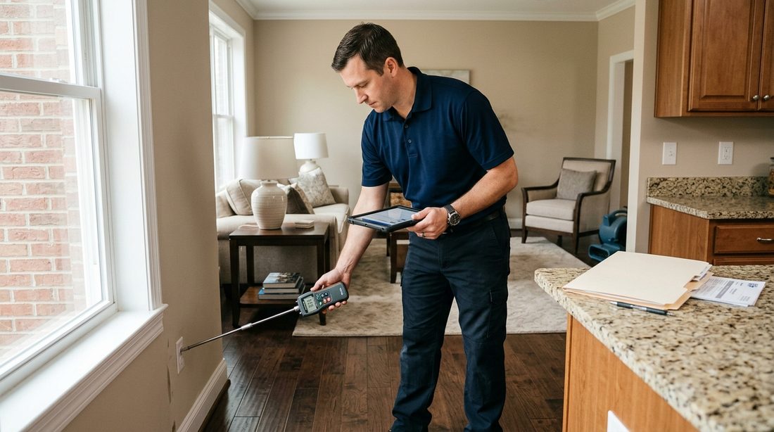 Technician documenting moisture readings for a St. Louis water damage insurance claim