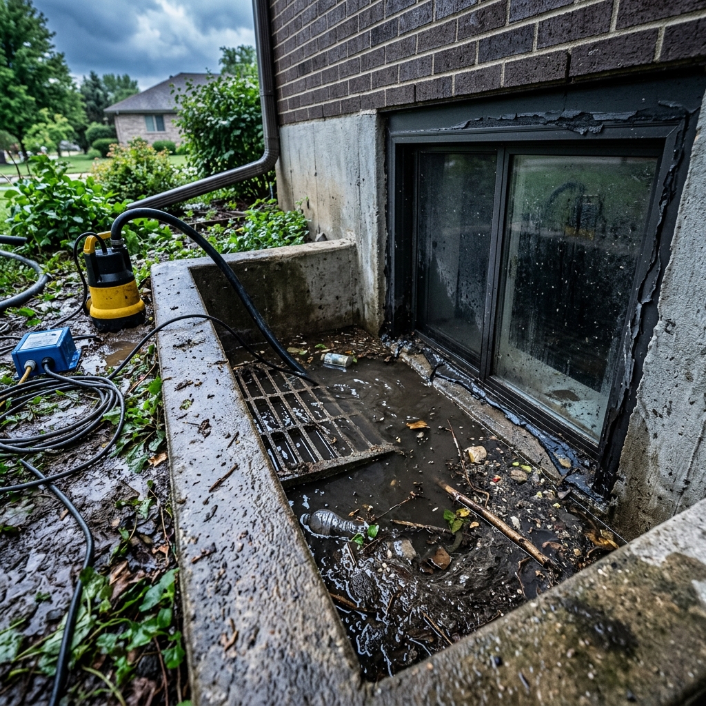 Flooded basement window well after summer storm
