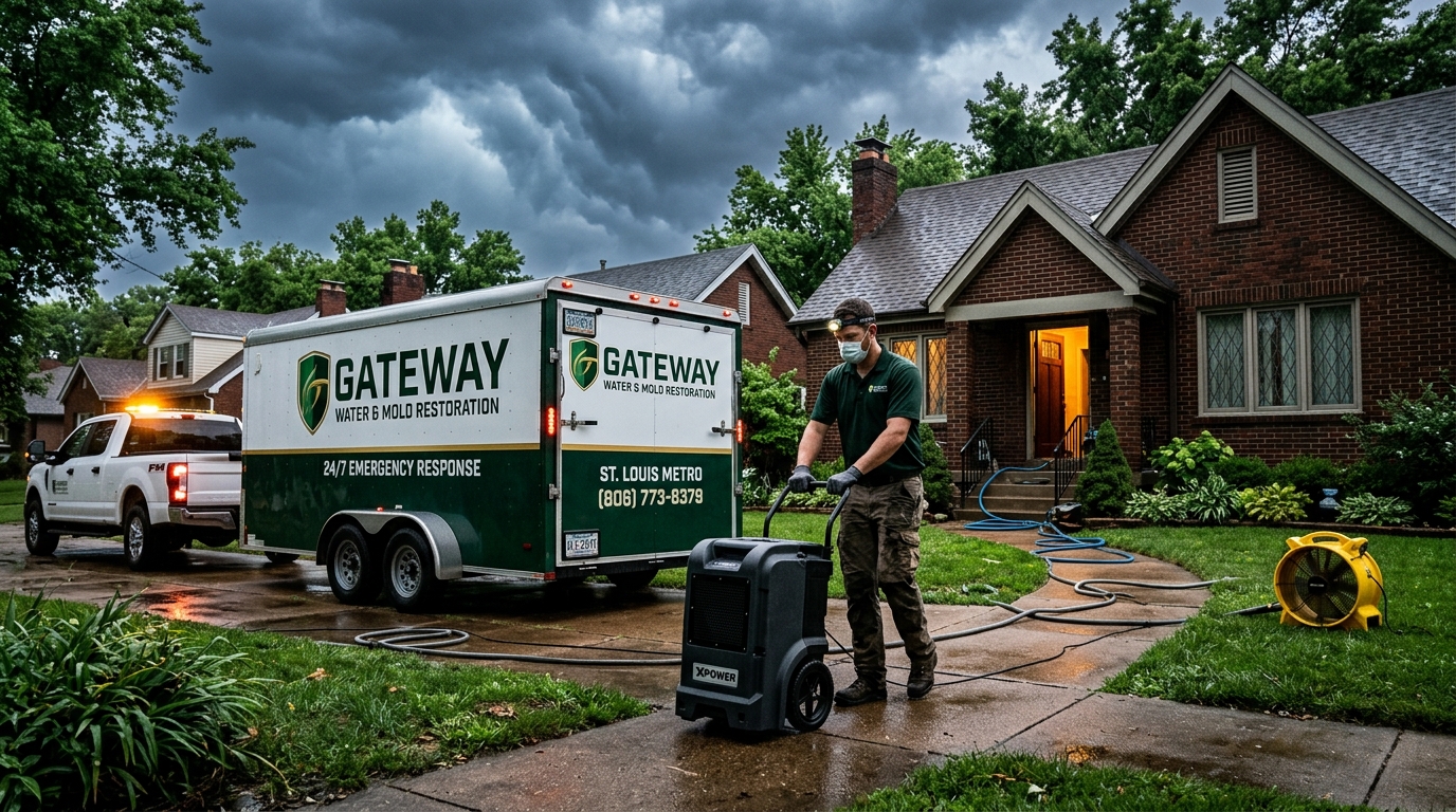 Owner of Gateway Water and Mold standing in front of the company branded equipment trailer