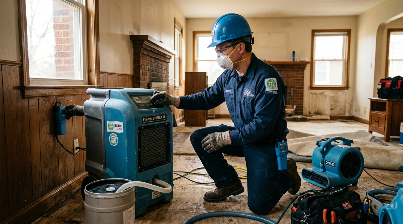 IICRC certified water damage restoration technician at work in St. Louis home