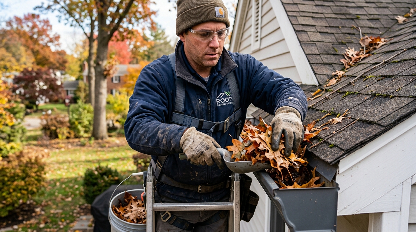 Technician inspecting gutters in autumn