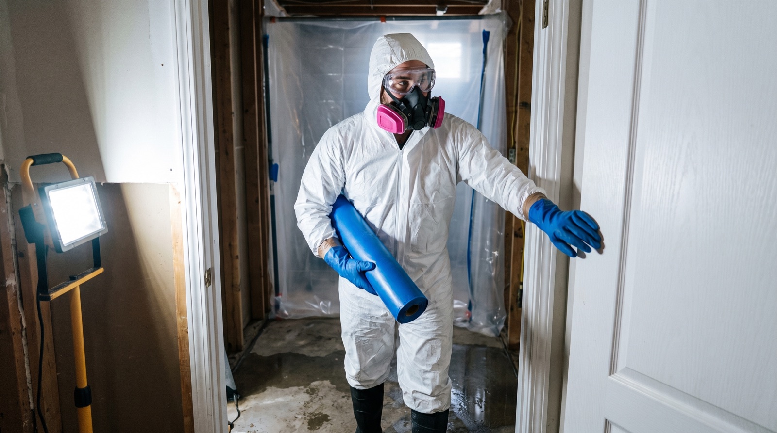 Gateway technician in a hooded coverall, half-face respirator and gauntlet gloves carrying containment sheeting into a stripped basement behind a plastic barrier.