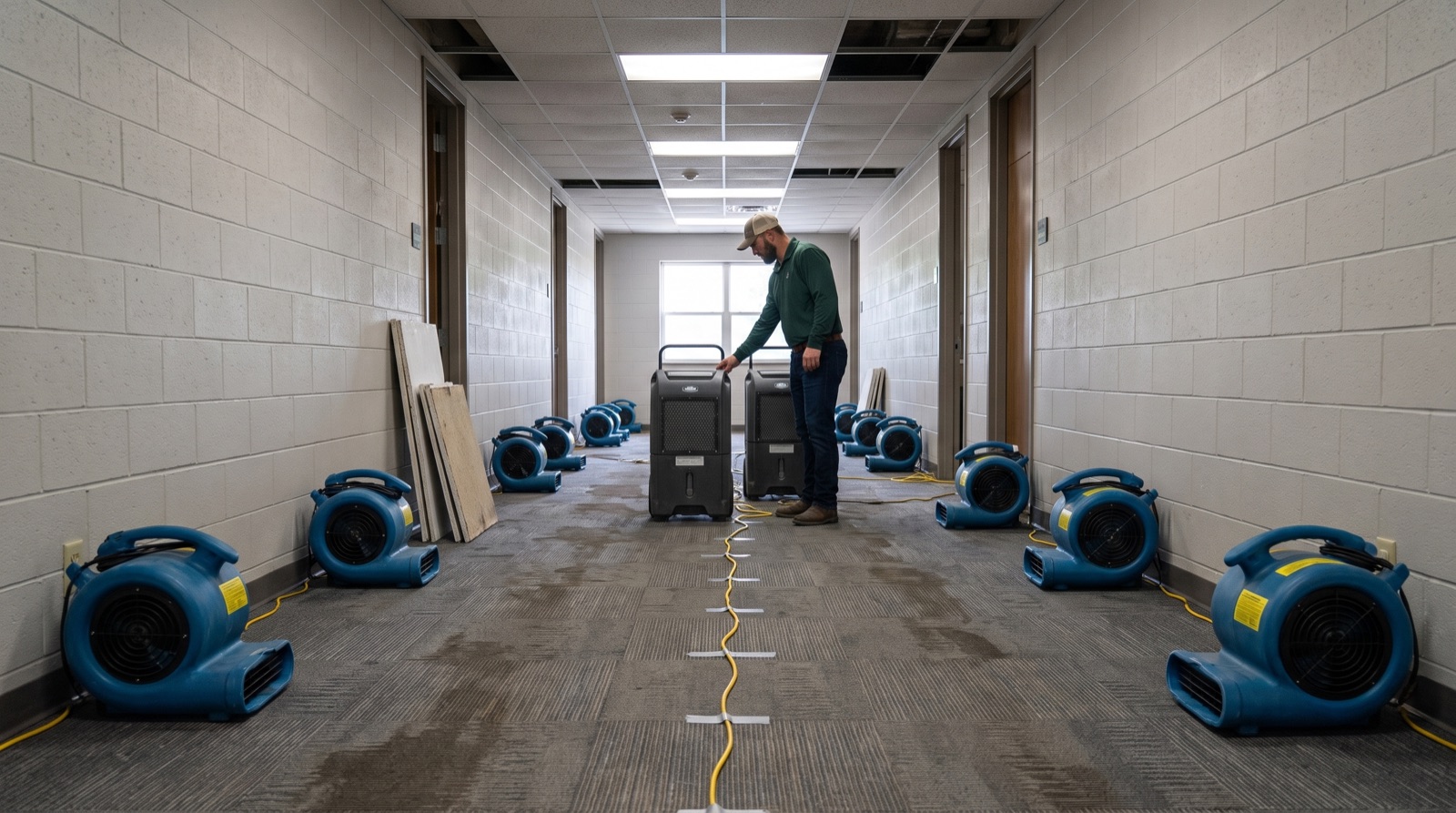 Commercial corridor lined with air movers along both walls and two dehumidifiers drying soaked carpet tile after a water loss.