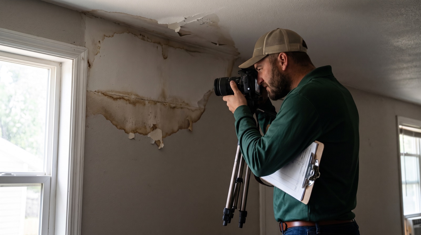 Gateway technician photographing a water-stained ceiling and wall with a camera, a documentation clipboard under his arm.