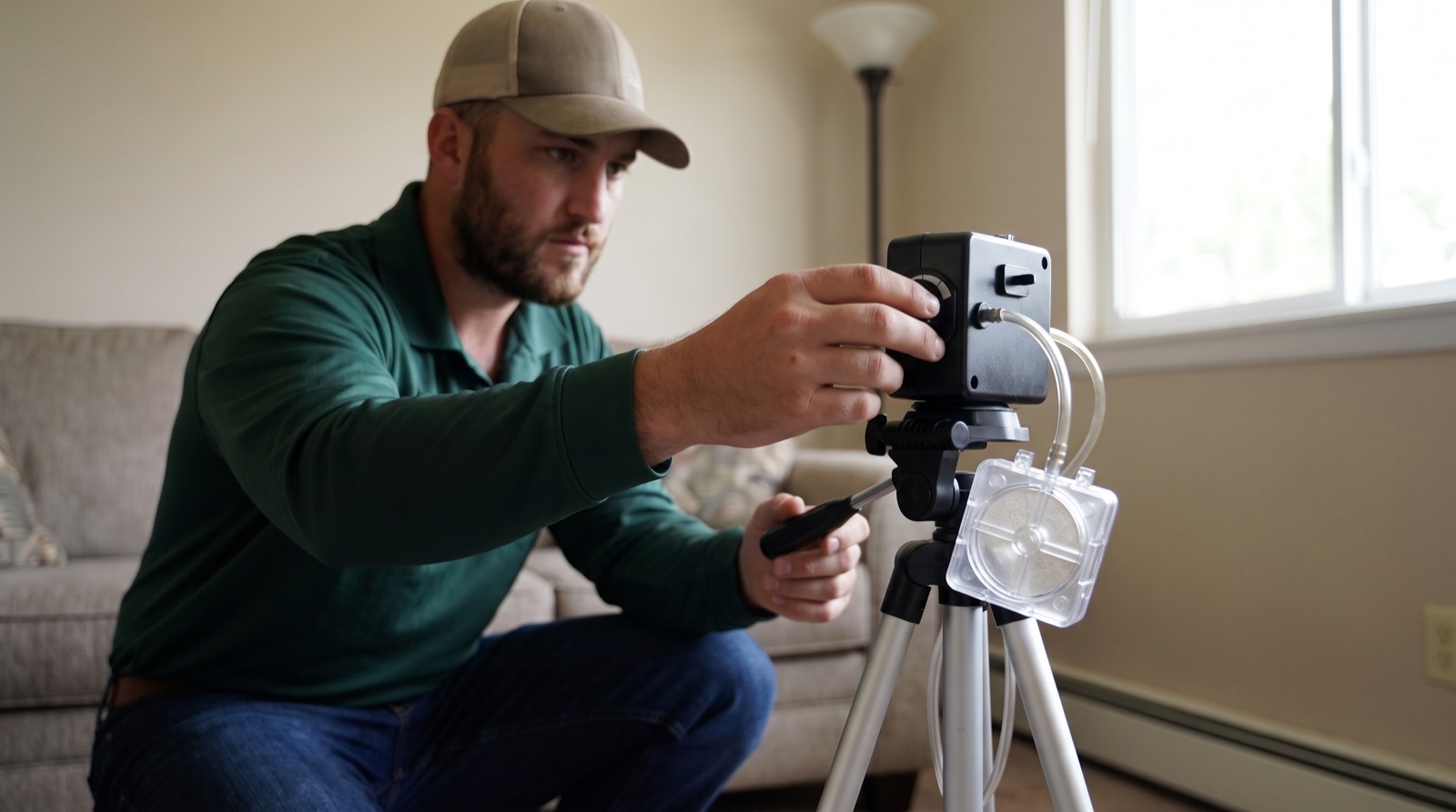 Air-sampling pump on a tripod with a clear spore-trap cassette attached, running in a living room while a Gateway technician sets the flow rate.