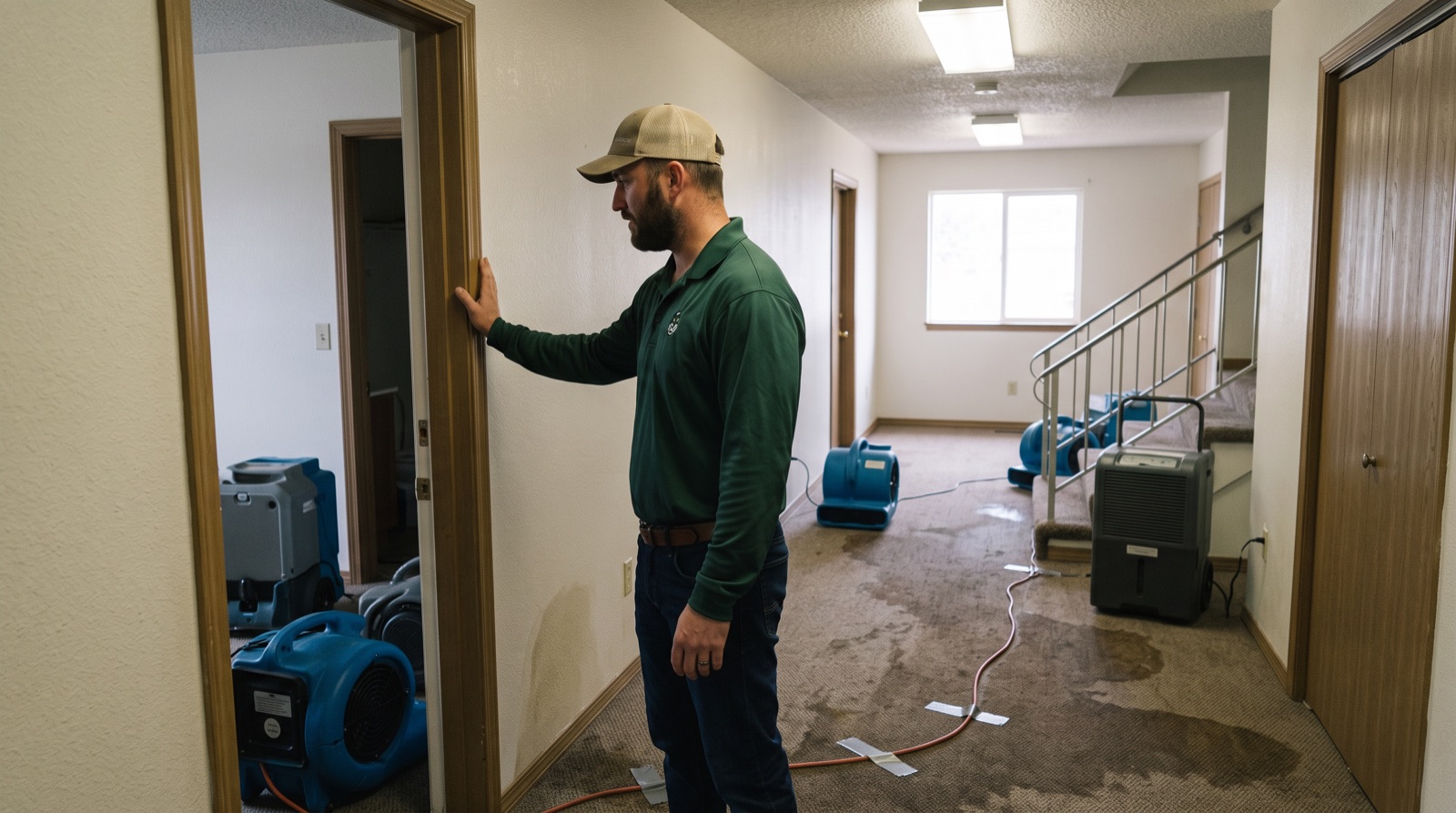 Gateway technician in the shared corridor of an apartment building, checking an open unit while air movers and a dehumidifier dry the soaked corridor carpet.