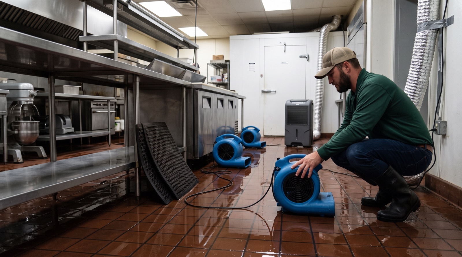 Gateway technician crouched on the wet tile of a commercial restaurant kitchen, setting an air mover beside the line with a dehumidifier running by the walk-in.