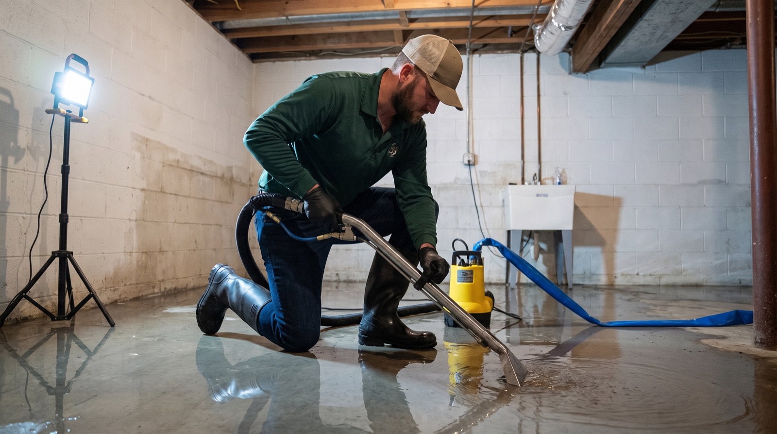 Gateway technician kneeling on a flooded basement floor, drawing a water extraction wand through standing water beside a submersible pump and discharge hose.