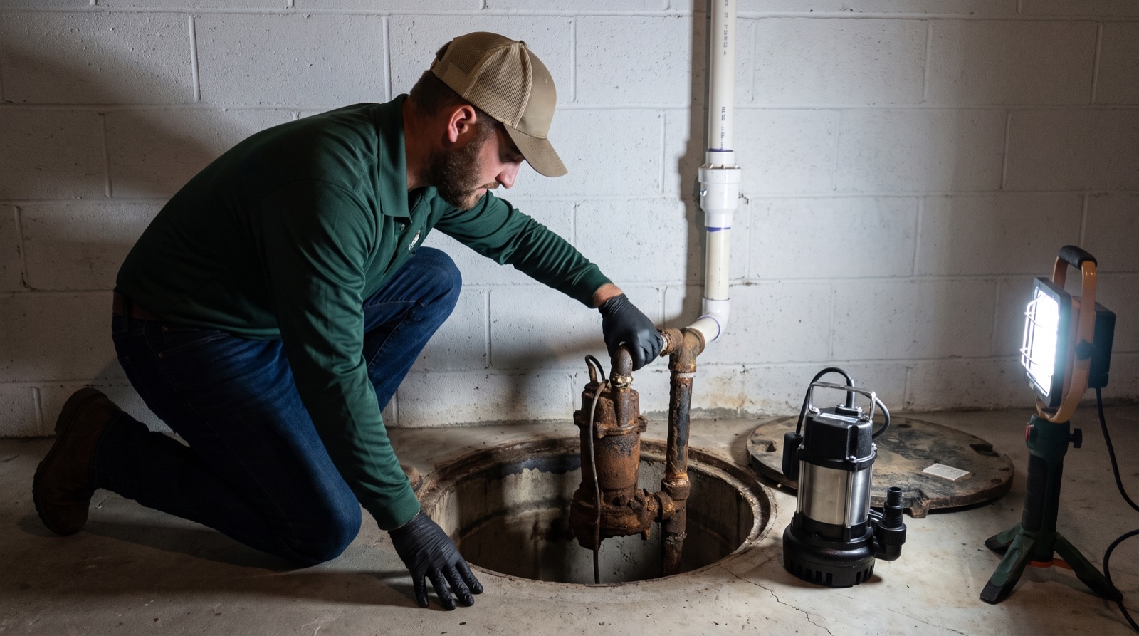 Corroded sump pump being lifted out of an open sump pit, with a clean replacement pump standing ready on the basement floor.