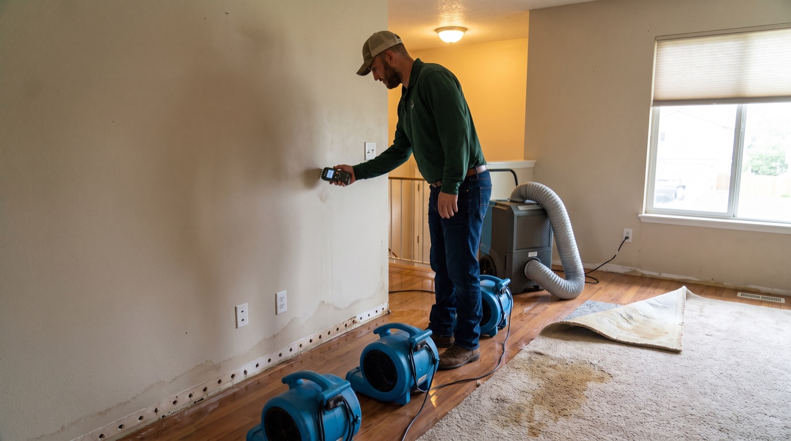 Gateway technician taking a moisture reading on a drywall wall with the baseboard removed, air movers and a ducted dehumidifier running on the floor behind him.