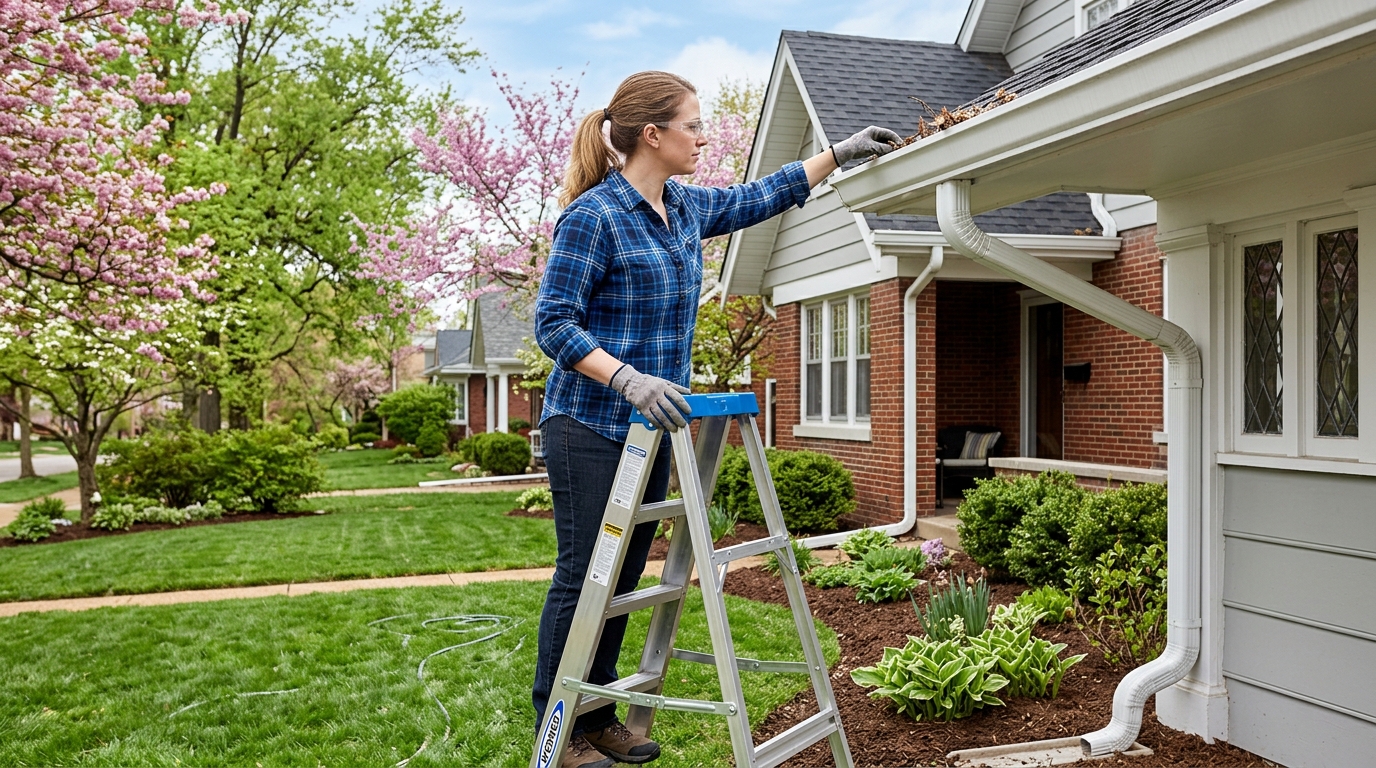 St. Louis homeowner inspecting gutters in spring for water damage prevention