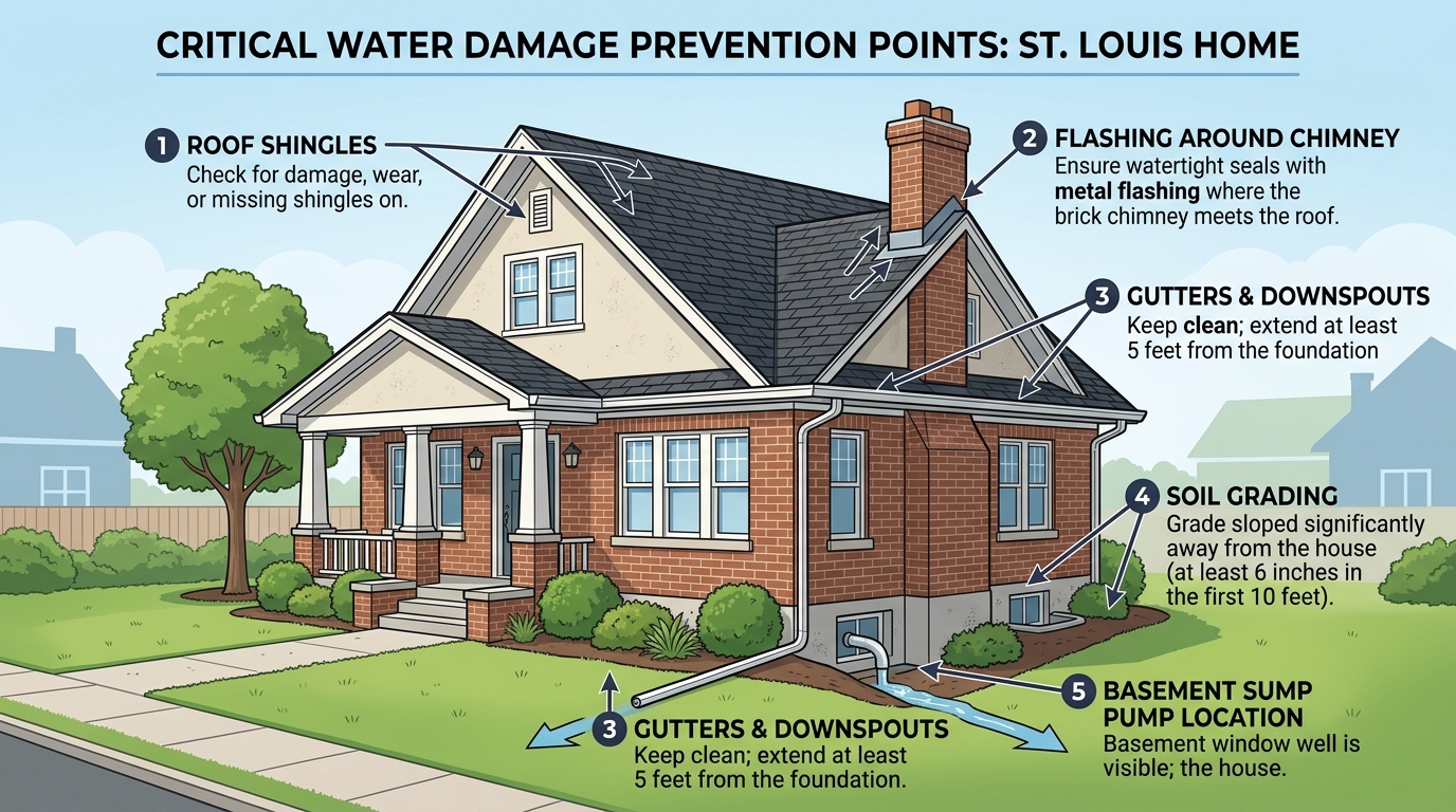 Diagram showing roof, gutters, grading, and sump pump locations for water damage prevention