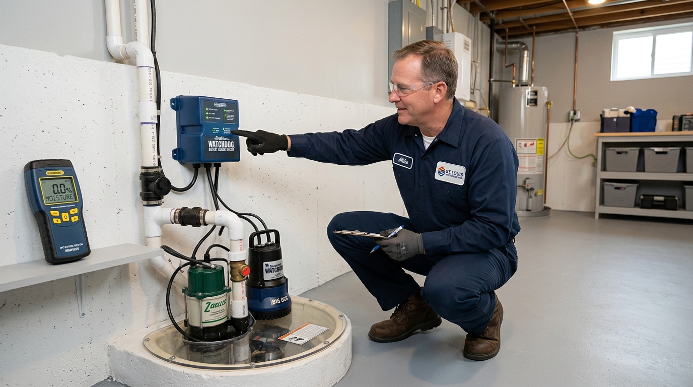 Professional technician inspecting sump pump with battery backup in St. Louis basement