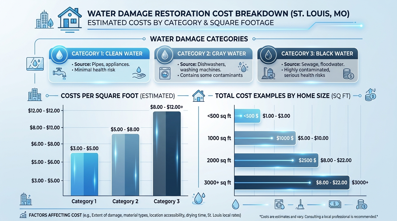 Water damage restoration cost breakdown chart showing pricing by category and square footage