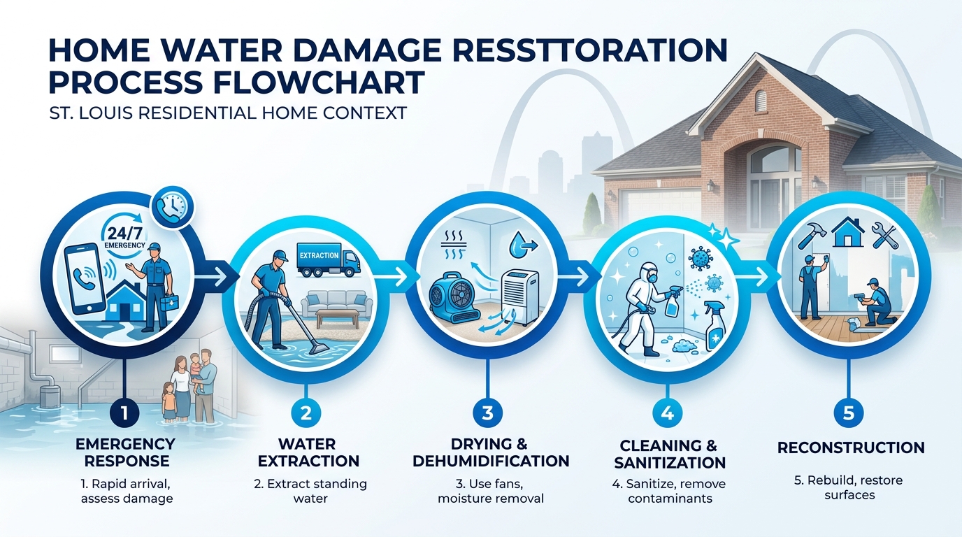 Water damage restoration process diagram showing step-by-step workflow