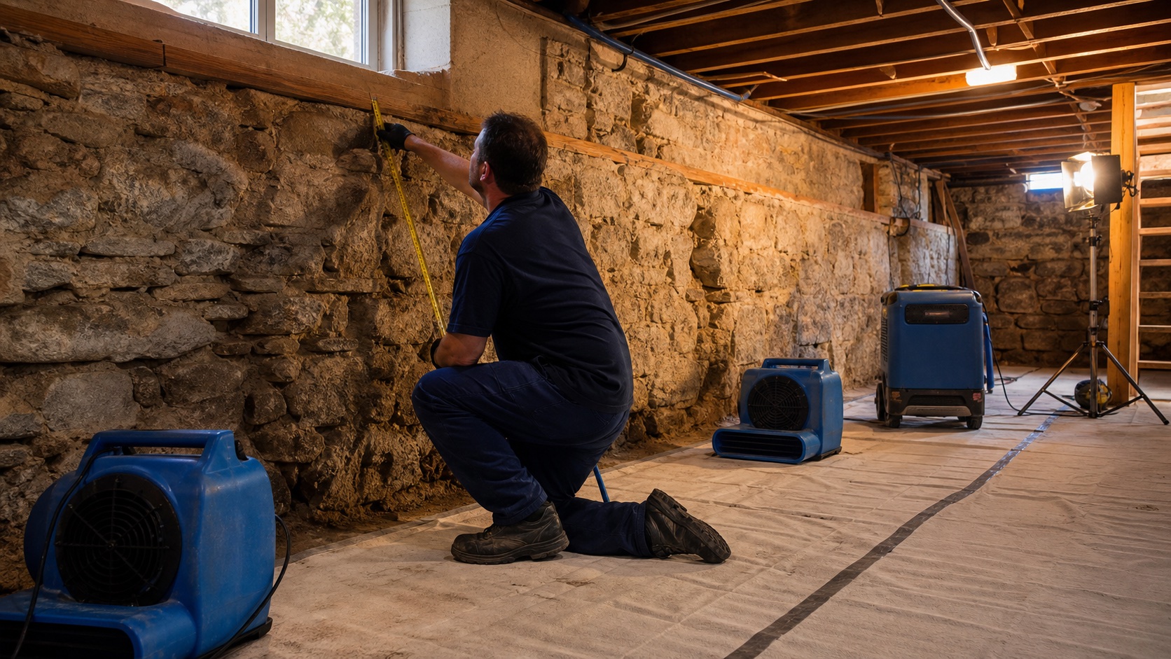 Technician measures an Alton limestone basement wall while air movers and a dehumidifier dry the masonry.