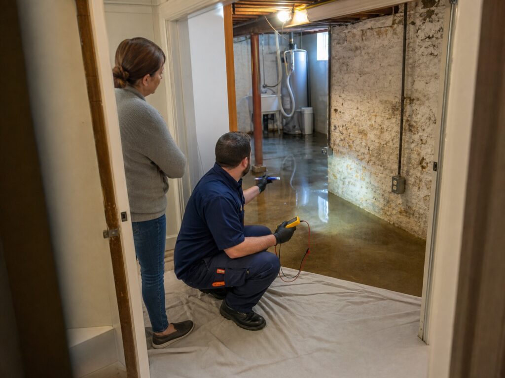 Technician checks standing basement water from a dry doorway while the homeowner stays outside the affected area.