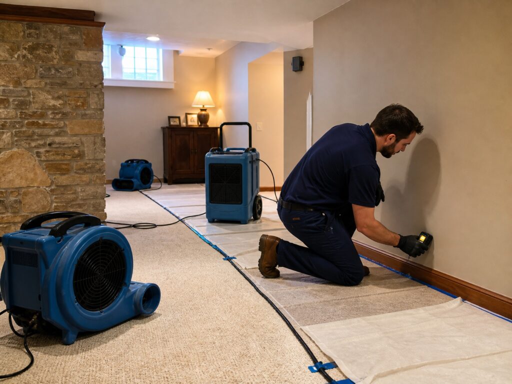 Technician checks a basement wall during structural drying with air movers and a dehumidifier arranged nearby.