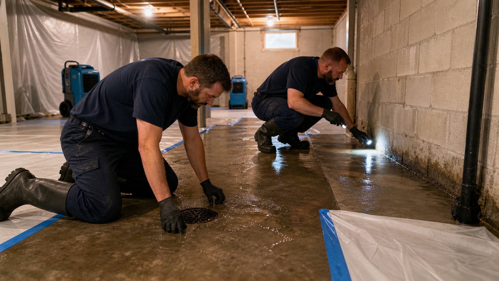 Two technicians inspect a Belleville basement floor drain and wall-floor joint to identify the source of stormwater.