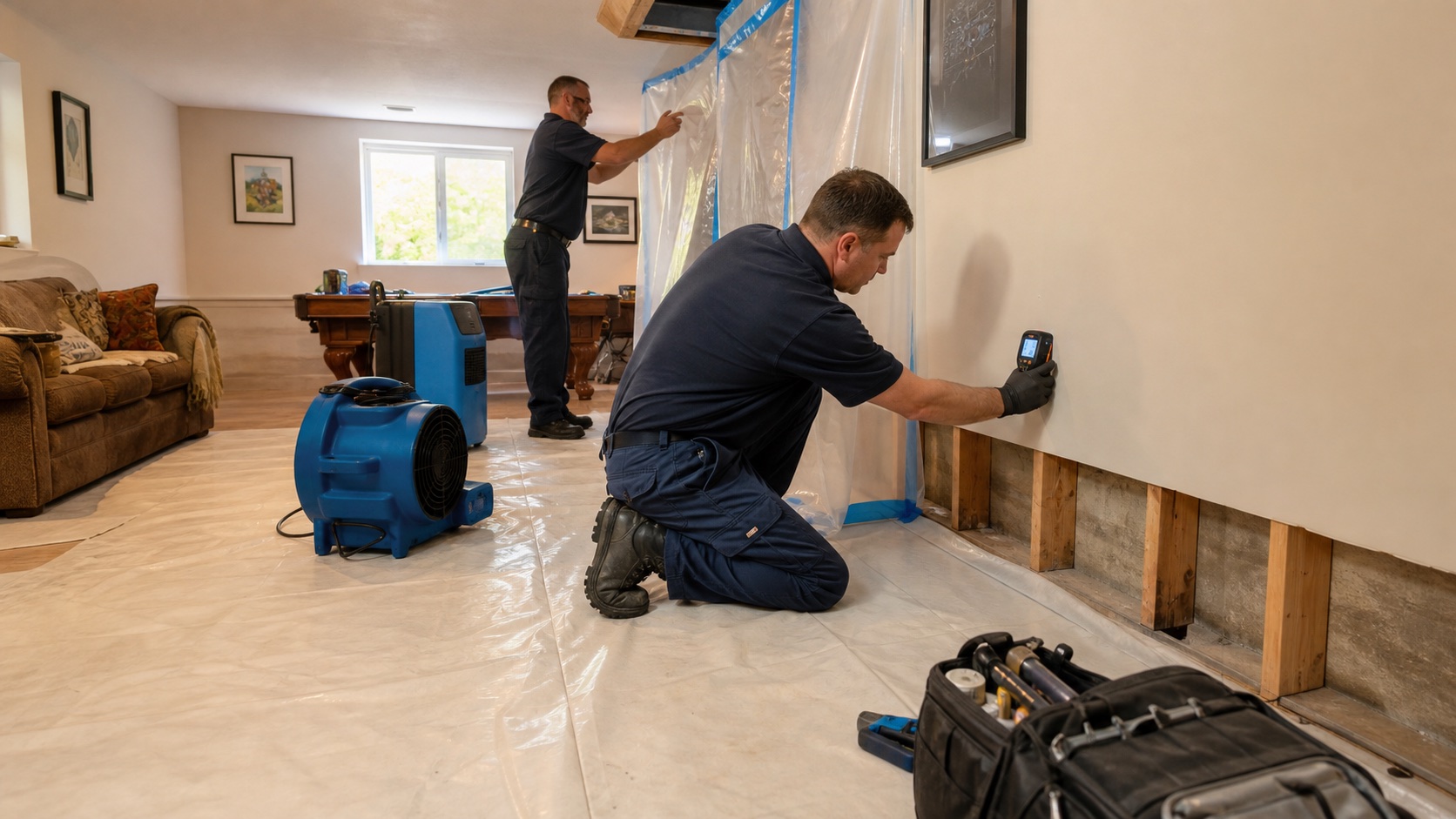 Technicians map a wet drywall boundary and protect the work area before limited lower-wall removal in Belleville.