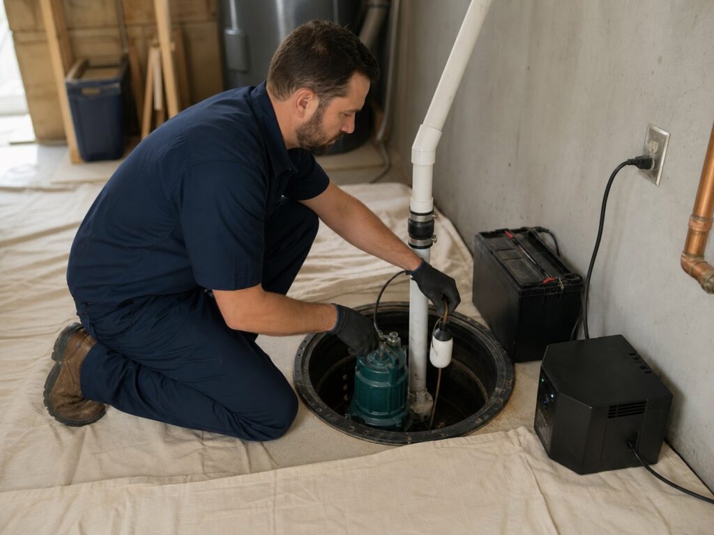 Technician safely checks a sump pump float, discharge line, outlet, and backup battery from a protected work area.