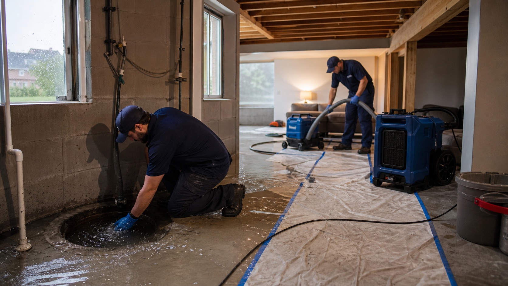 Two technicians respond to an overflowing sump pit and extract shallow stormwater from a Chesterfield basement.