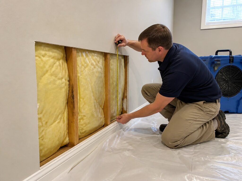 Technician measures a limited lower-wall opening with clean damp insulation and unstained wood framing after a recent leak.