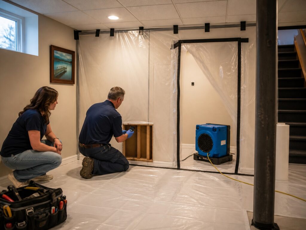 Technicians document a small contained lower-wall work area with an air scrubber and protected flooring.