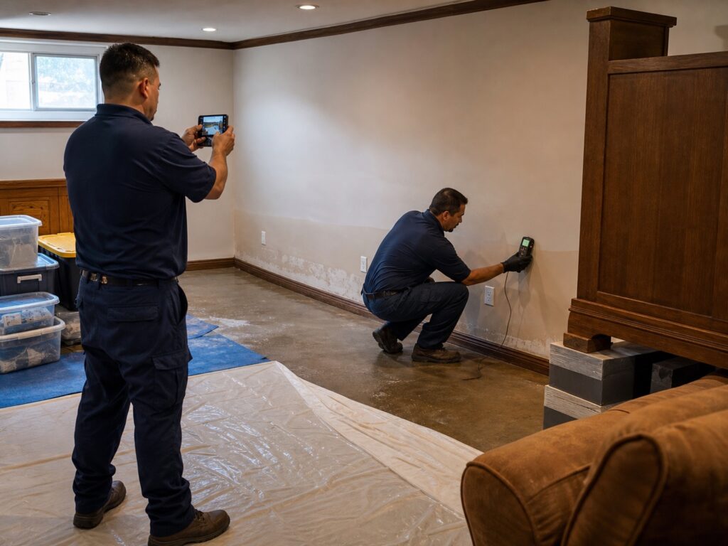 Two restoration technicians photograph a basement water line and record lower-wall moisture readings before moving contents.