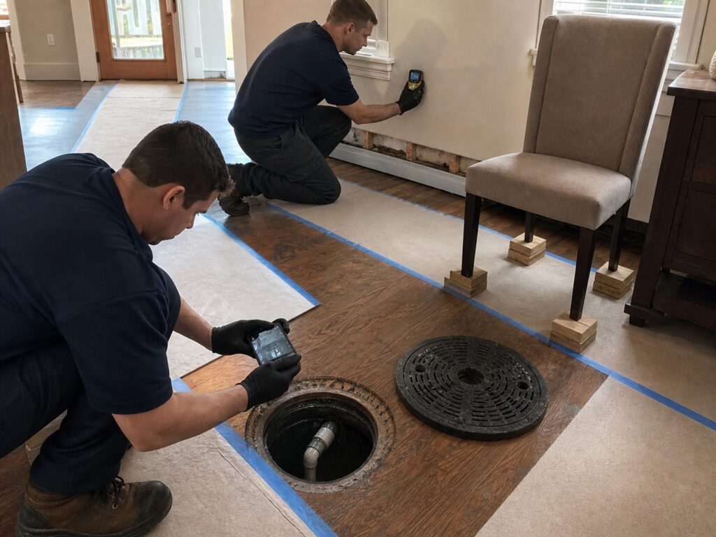 Technicians photograph a basement drain and record lower-wall moisture readings before moving raised furniture.