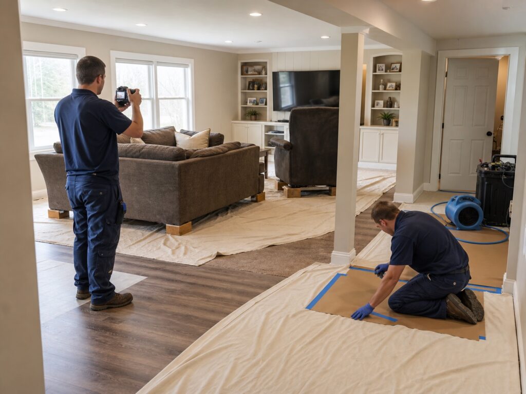 Technicians photograph a finished basement and prepare a protected staging area before moving raised furniture.