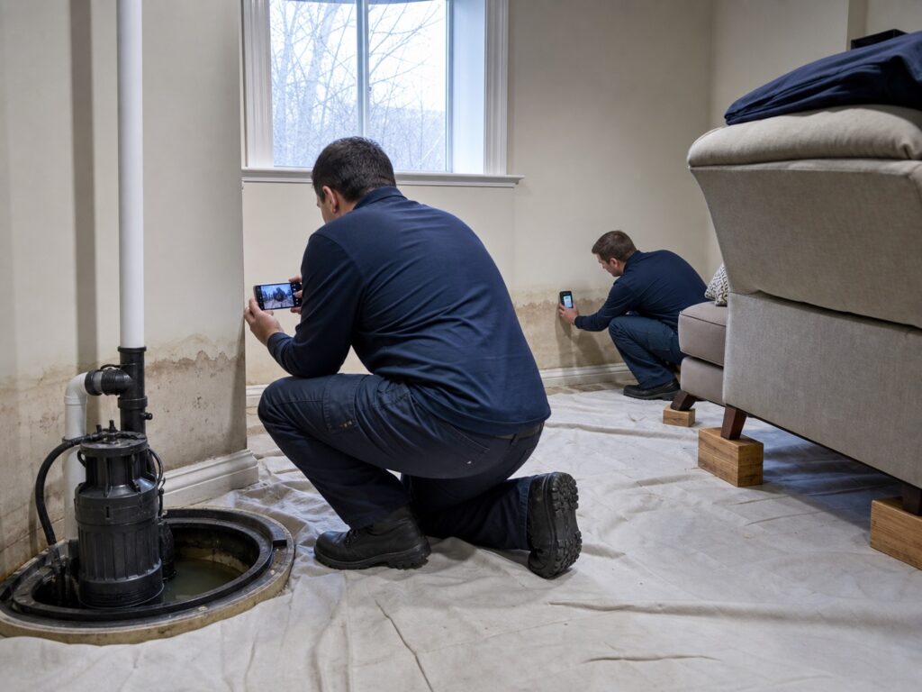Technicians photograph the sump pit and water line while recording moisture readings in a Chesterfield basement.