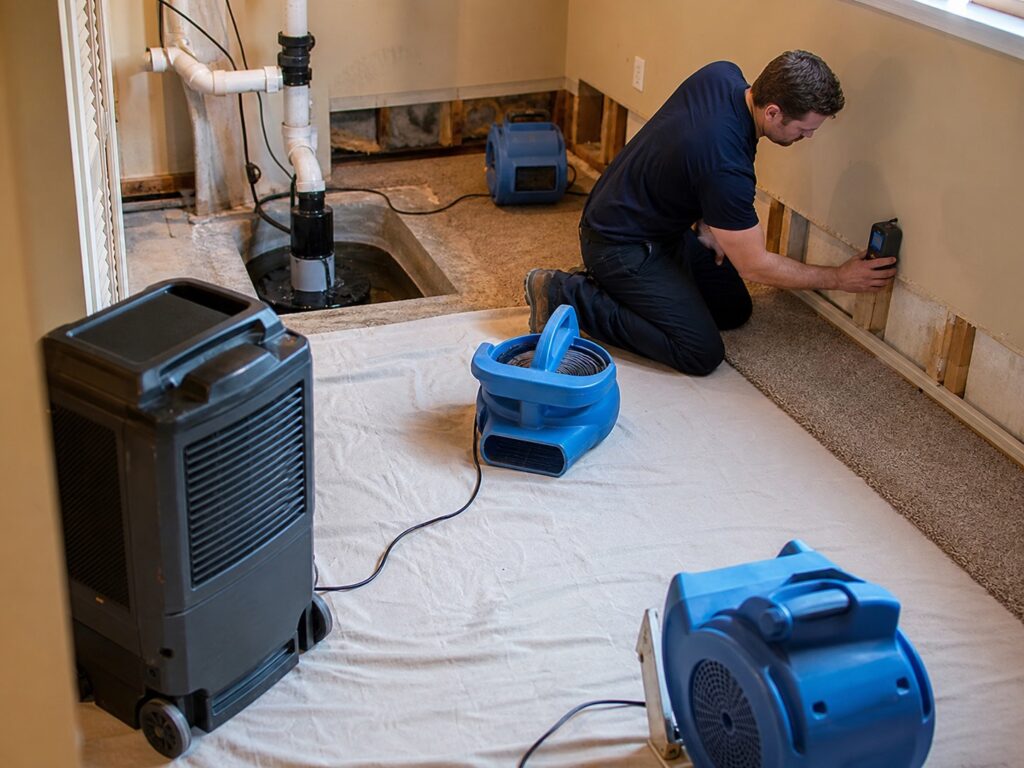 Technician measures the lower wall while air movers and a dehumidifier dry a basement after sump pump replacement.