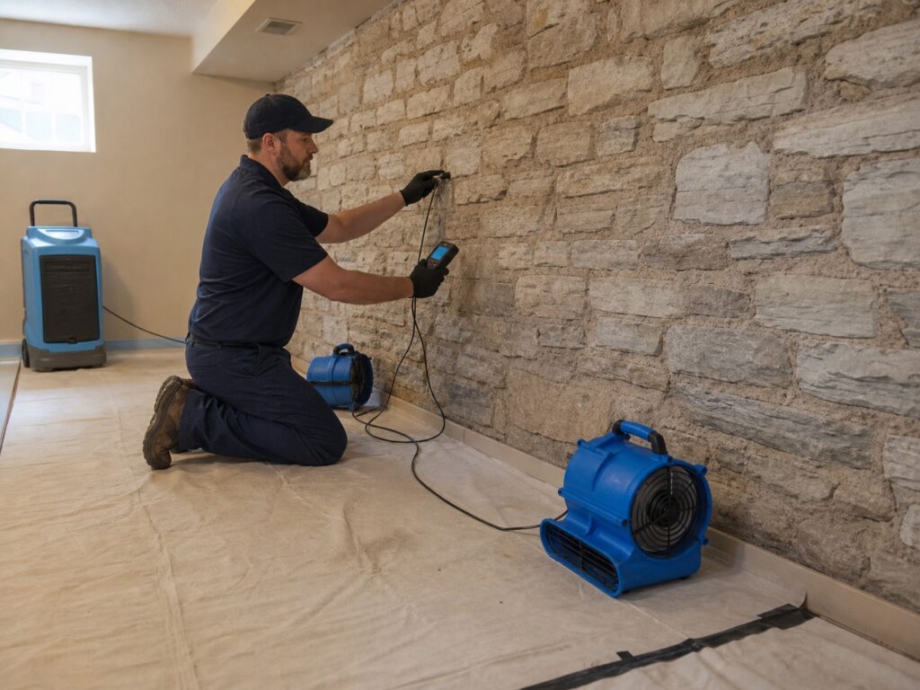 Technician checks several points on a solid limestone wall as air movers and a dehumidifier support drying.