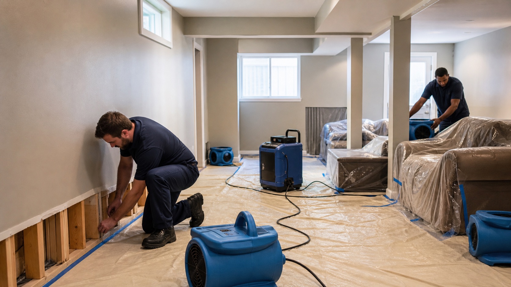 Technicians dry a finished Edwardsville basement with moisture checks, organized air movers, and protected furniture.