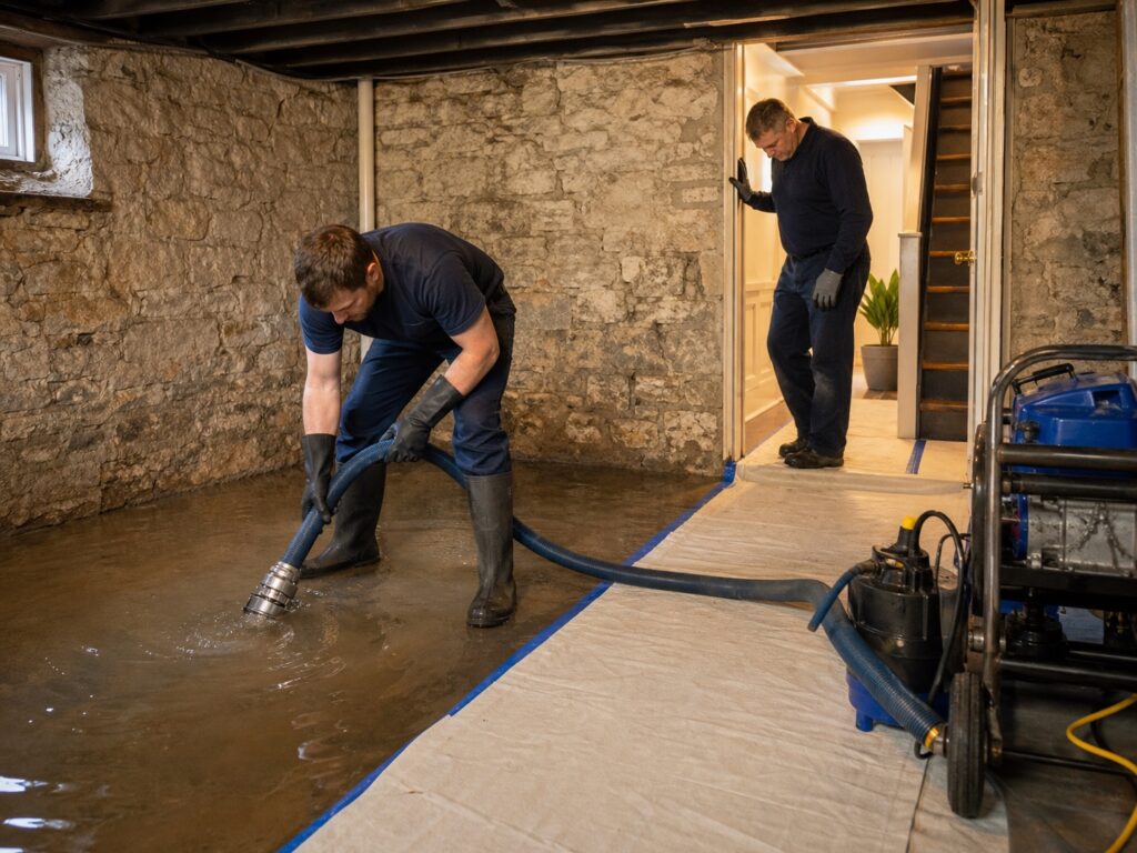 Technicians extract shallow standing water from an Alton limestone basement while protecting the dry access path.