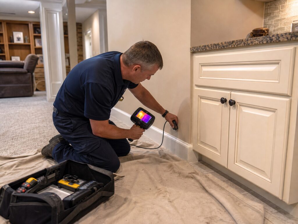 Technician uses a thermal camera and moisture meter beside a finished basement cabinet and wall-floor joint.