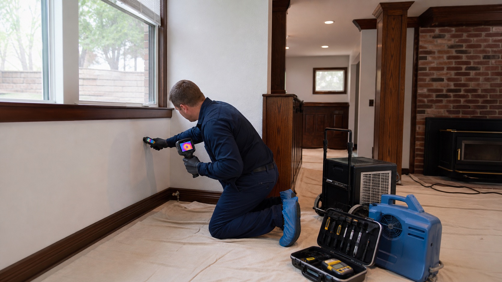 Technician uses a moisture meter and thermal camera to trace hidden dampness in a University City basement after a leak.