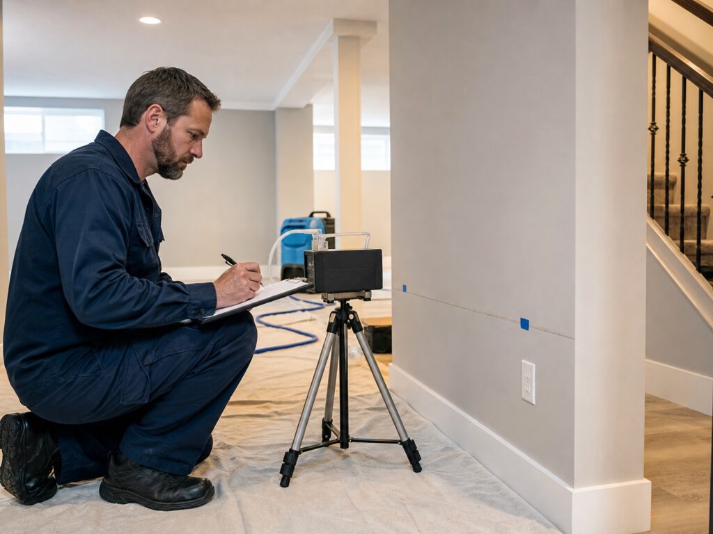 Indoor air quality technician operates an air-sampling pump in a clean finished basement after a leak.
