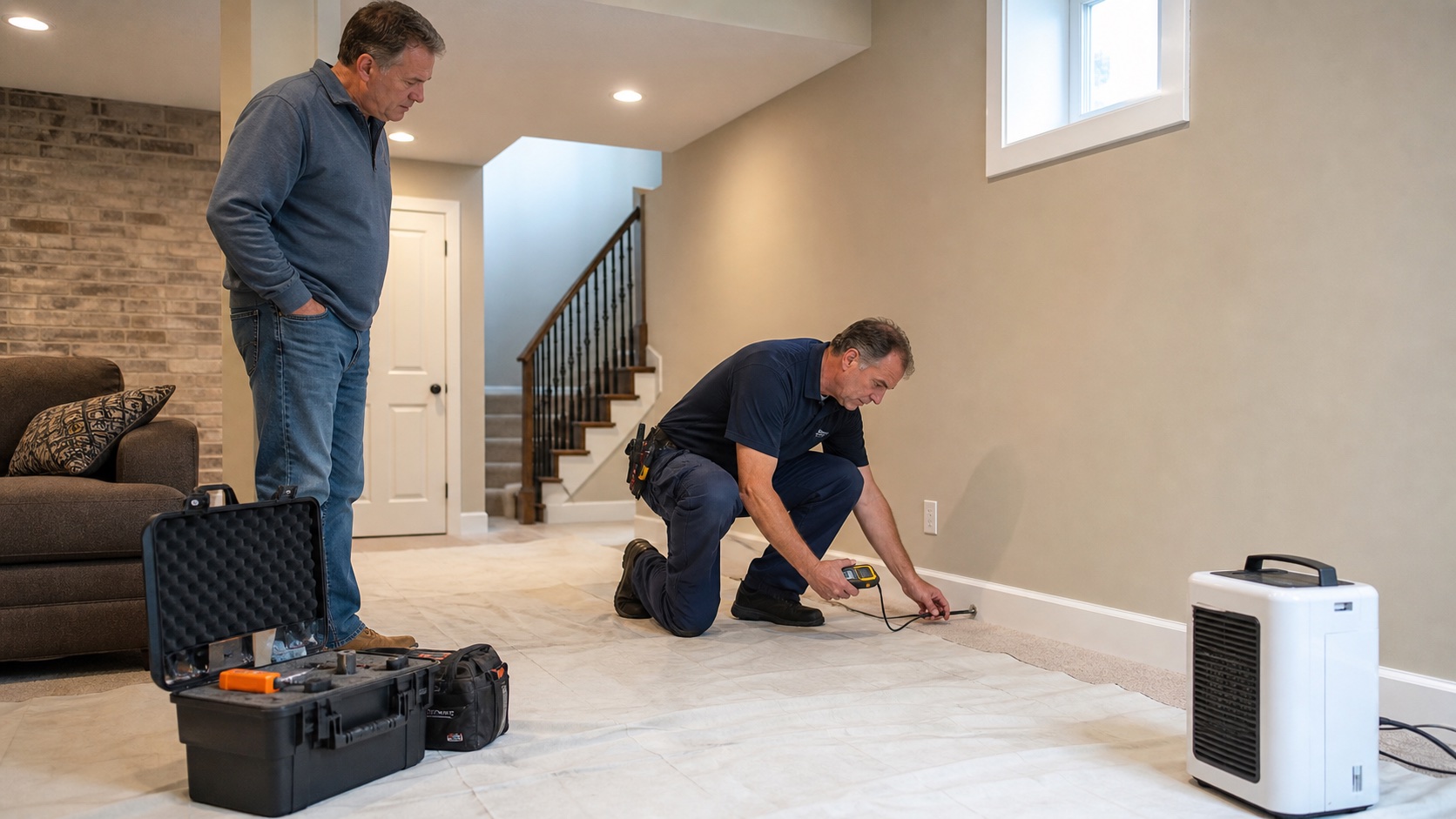 Technician investigates a musty Chesterfield basement with a moisture meter while the homeowner watches from the dry side.