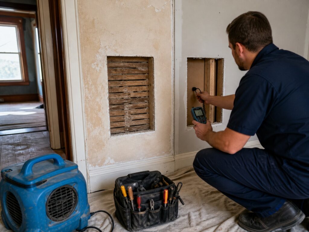Technician compares moisture through small inspection openings in an older plaster wall and a newer drywall partition.