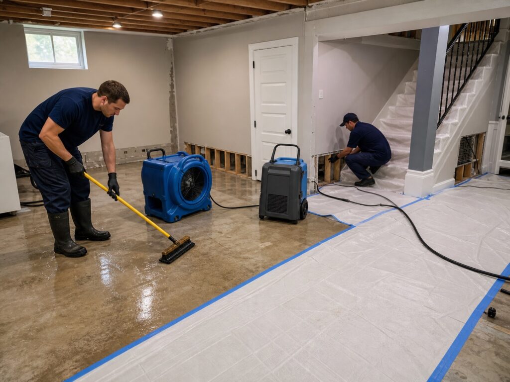 Technicians clean a basement floor and check lower walls during controlled sanitation and structural drying.