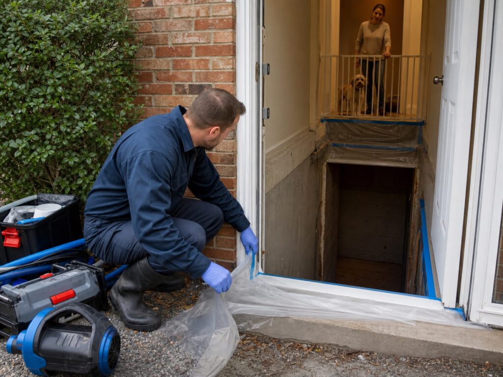 Technician establishes a protected basement boundary while a homeowner and dog stay safely outside the affected area.