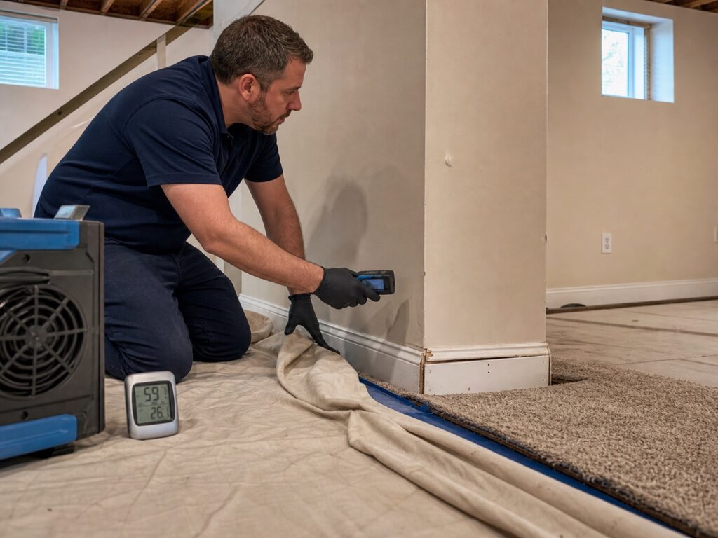 Technician checks a lifted carpet edge, lower wall, and room humidity for subtle signs of hidden moisture.