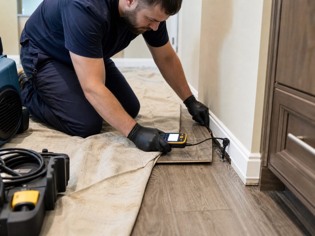 Technician lifts a small flooring section to trace hidden water beneath a finished basement floor and baseboard.